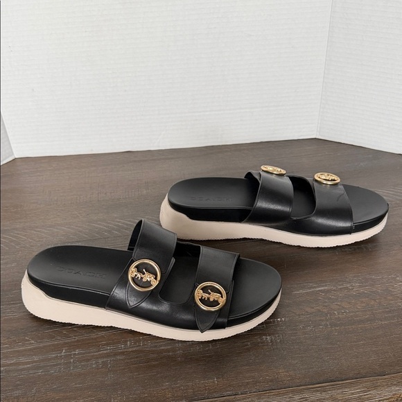 Coach Women's Gable Black Leather Slide Sandals Gold Accents Size 9 Slip On EUC - Picture 5 of 11